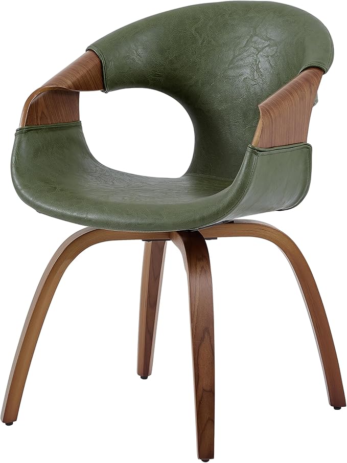 Art Leon Desk Chair No Wheels, Mid Century Modern Office Chair, Faux Leather Upholstered Swive Chair with Wood Legs for Living Room Bedroom, Walnut Bentwood, Green/Walnut
