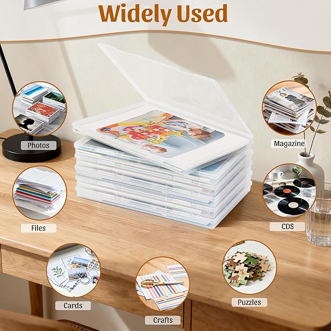 6 Pack Photo Storage Box, Clear Photo Organizers and Storage for 8" x 10" Picture, Plastic Scrapbook Paper Storage with Snap-Tight Latch for Crafts,Board Game,Office Supplies, Files