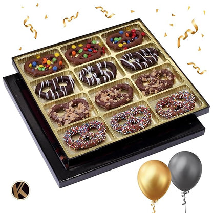 KREMERY Creamy Chocolate Cravings - Birthday Treats, Chocolate Covered Pretzel Twists Gift Basket, in Sectional Gift Box + Greeting Card (12 Pretzels, Assorted Sweet Toppings) Food Assortments