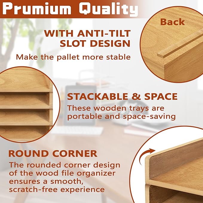 Prolee Stackable Paper Tray,Wooden Paper Organizer for Desk with 4 Letter Trays,Papers Holder and Office Document Organizer Shelf for Mail File Document(Oak,14" x 9.5" x 2.5")