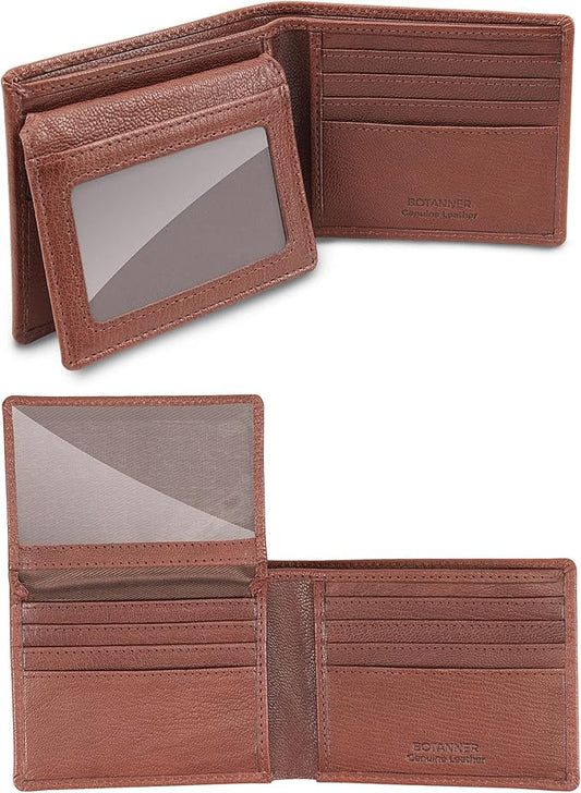 Genuine Leather Mens Bifold Flip ID Wallet RFID Blocking 8 Credit Card Slots 2 ID Window 2 Sections for Bills 3 Additional Slots | Choco
