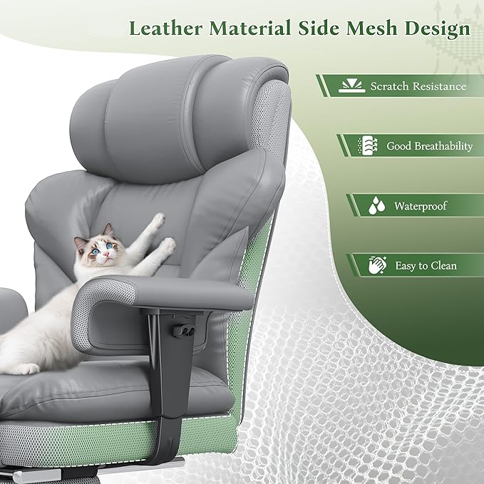 Ergonomic Office Chair with Foot Rest and Arms,Big and Tall Leather Executive Office Chair with Wide&Deep Seat Thickened,Reclining Comfy Desk Chair with High Back and Lumbar Support,Grey