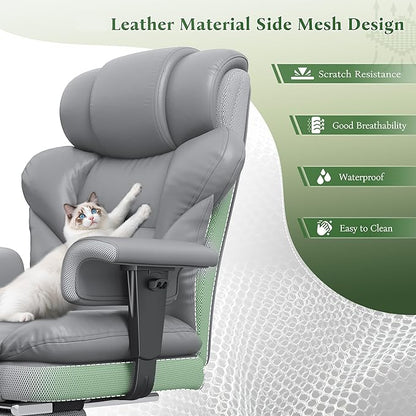 Ergonomic Office Chair with Foot Rest and Arms,Big and Tall Leather Executive Office Chair with Wide&Deep Seat Thickened,Reclining Comfy Desk Chair with High Back and Lumbar Support,Grey