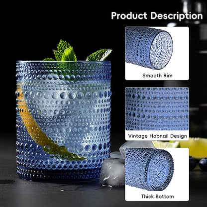 Moretoes Hobnail Drinking Glasses, 12 Piece Blue Water Glass Cups, Mixed Vintage Glassware Set, 6pcs 12oz Highballs and 6pcs 10oz old Fashioned Glasses, Great for Cocktail, Whisky and other Beverages