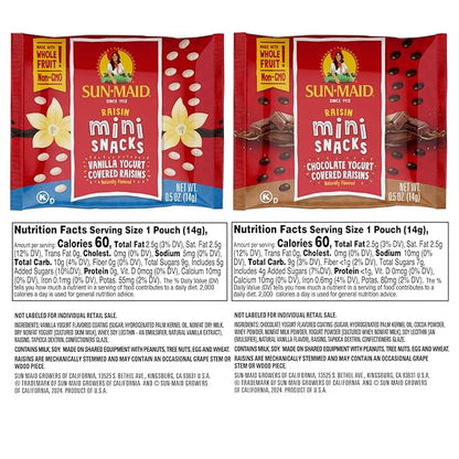 Sun-Maid Vanilla & Chocolate Yogurt Coated Raisins Variety Pack - (36 Pack) 0.5 oz Mini Snack-Size Bag - Yogurt Covered Dried Fruit for Lunches and Back to School Snacks (Amazon Exclusive)