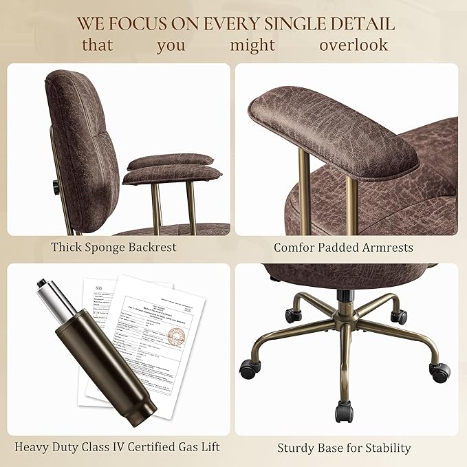 EUREKA ERGONOMIC Becky Mid Century Modern Office Desk Chairs Leather, Comfy Office Chair with Lumbar Support and Arms, Mid-Back, Comfortable Thick Cushion, Height Adjustable, 360°Swivel, Brown