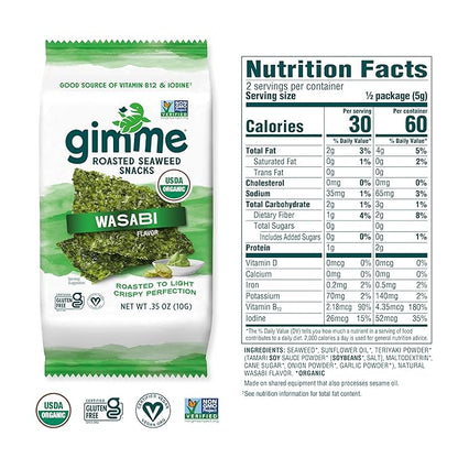 Gimme Seaweed Organic Premium Roasted Seaweed Snacks, Wasabi,12 Count Sharing Size, Keto, Vegan, Gluten-Free, Great Source of Omega3s and Iodine, Healthy On-The-Go Snack for Kids and Adults