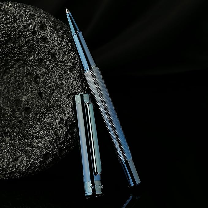 Electroplated Blue Rollerball Pen, Stunning Luxury Pen with Mesh Texture Design、Schmidt Ink Refill, Nice Gift Set for Men & Women, Business, Executive, Office, Fancy, Nice Fancy Designer Pens