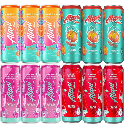Generic Alani. Nu Energy Drink Variety Pack | (Pack Of 12) | 4 Different Flavors : Orange Kiss, Pink Slush, Juicy Peach and Cherry Slush -12 fl. oz - By The Munchie Mix