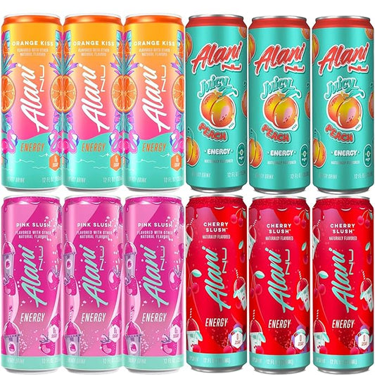 Generic Alani. Nu Energy Drink Variety Pack | (Pack Of 12) | 4 Different Flavors : Orange Kiss, Pink Slush, Juicy Peach and Cherry Slush -12 fl. oz - By The Munchie Mix