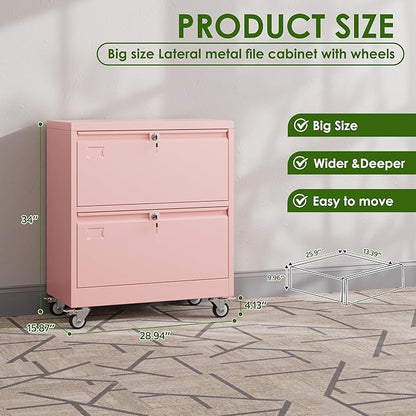 Aobabo 2 Drawer LateralFile Cabinet with Wheels, Lockable Metal Filing Cabinet for Home Office, Legal/Letter Size,Pink,Required Assembled,15.87" D x 28.94" W x 34" H
