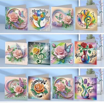 jinglinhh 12pcs Diamond Art Painting Romantic Rose Tulip Flower Bouquet Musical Notes Greeting Cards with Envelopes, DIY Card Making Kits for Adults, Diamond Art Postcards Christmas Cards Craft Gifts