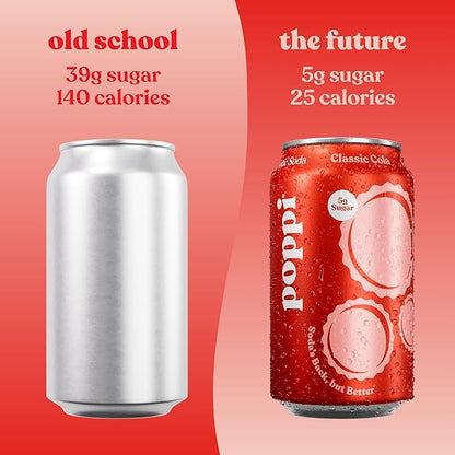 Poppi Sparkling Prebiotic Soda Beverage with Apple Cider Vinegar, Seltzer Water and Fruit Juice, Classic Cola Flavor, 12 oz, Pack of 12, Packaging May Vary