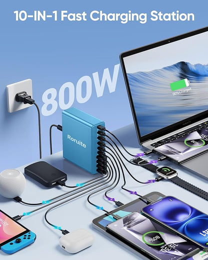 800W USB C Charging Station, 120W PD GaN5 Super Fast USB C Charger Block-10 Port, Type C for PC Laptop MacBook Pro/Air Charger Compatible with iPhone 17 16 15 14 13 12 Pro Max, iPad, Galaxy (Blue)