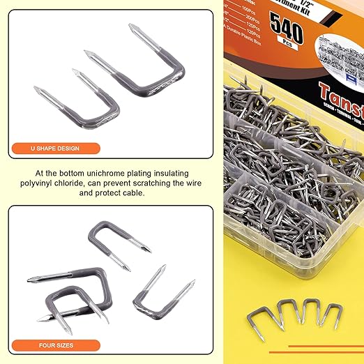 Tanstic 540 Pcs Insulated U Staple Nail Assortment Set with Storage Case, 4 Sizes Metal Cable Staple for Wood Fixing Wires Cables