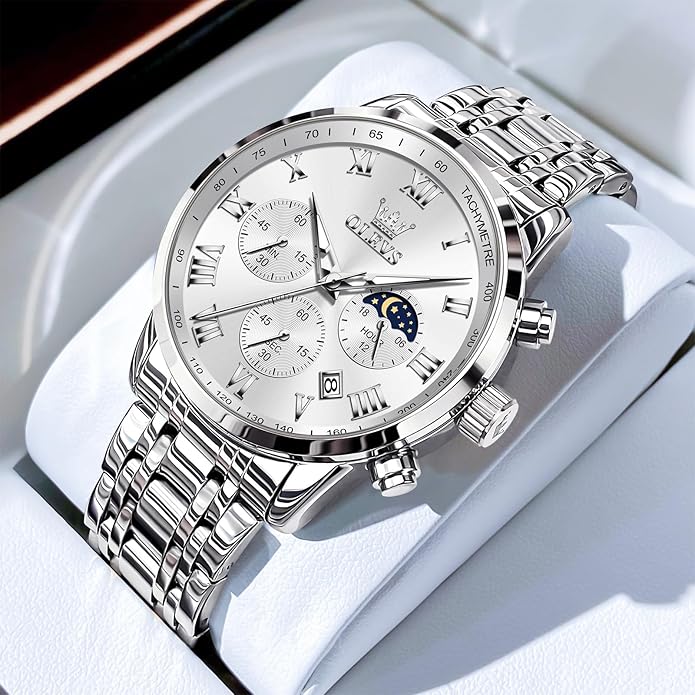 OLEVS Mens Stainless Steel Chronograph Watch, Big Face Roman Numerals Date Analog Quartz Dress Watches for Men, Fashion Multifunctional Waterproof Luminous Hands Men's Wristwatch
