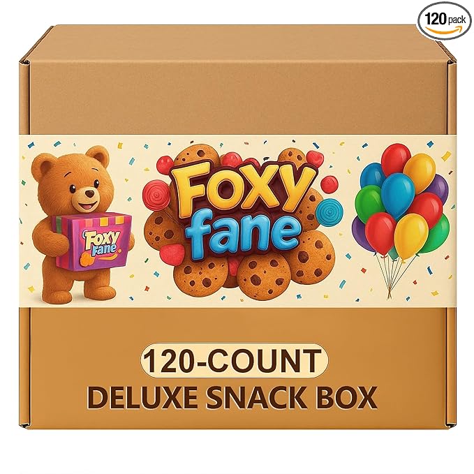 Foxy Fane 120 count Deluxe Snack Box - Ultimate Gift Care Package with Variety Assortment of Crackers, Cookies, Candy, Chips & other Snacks - Bulk Bundle of Delicious Treats (120 Snacks)