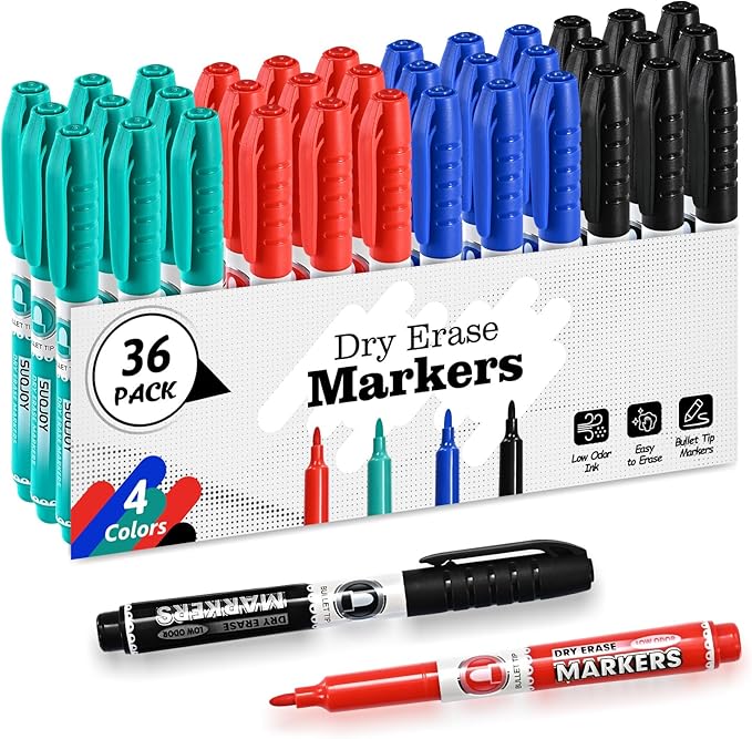 Dry Erase Markers, Fine Tip Whiteboard Markers, Low Odor Dry Marker, Fine Point Marker are pecfect for Whiteboard Mirrors Glass, 36 pack 4 Assorted Color Markers for School Office Home