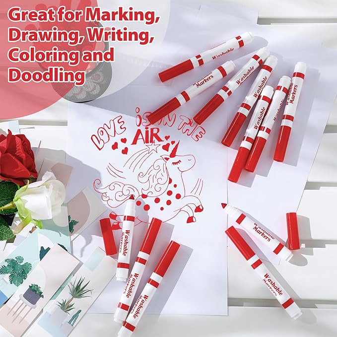 Janlaugh 36 Pcs Red Washable Markers Bulk Coloring Broad Line Markers for Kids Red Conical Tip drawing pen for School Supplies, travel Art baby shower gender reveal party Supplies, Ages 6+