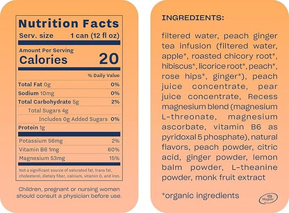 Recess Mood Magnesium & Adaptogen Drink, Relaxation Beverage, 12 ounce (Peach Ginger, 12 pack)