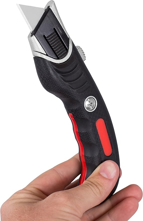 INTERNET'S BEST Ergonomic Utility Knife Set | Retractable Box Cutter with Rubber Handle | For Cutting Cardboard, Carpet & Plastic | Blade Storage in Handle | Includes 2 Razor Knives & 3 Extra Blades