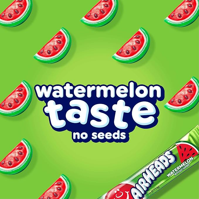 Airheads Full-Size Candy Bars, Taffy Candy Bulk Pack, Individually Wrapped, Watermelon Fruit Flavor Artificially Flavored, 36 Count Box