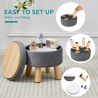 Small Foot Stool Ottoman with Storage, Velvet Ottoman Foot Rest for Couch, Round Footstool with Storage, Small Ottomans and Footstools for Living Room and Entryway (Gray)