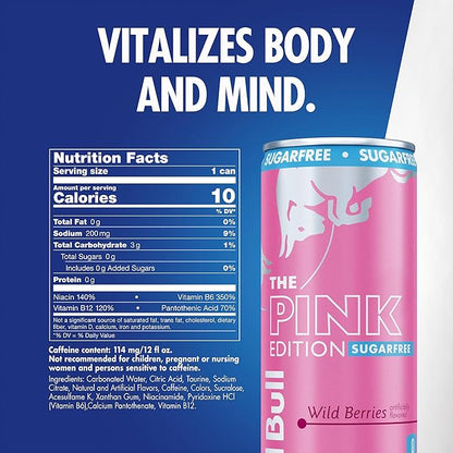 Red Bull Pink Edition Sugar-Free Energy Drink, Wild Berries, with 114mg Caffeine plus Taurine & B Vitamins, 12 Fl Oz, 6 Packs of 4 Cans (Pack of 24)