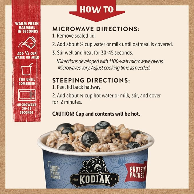 Kodiak Instant Oatmeal Cups, Blueberries & Cream, High Protein, 100% Whole Grains, (12 cups)