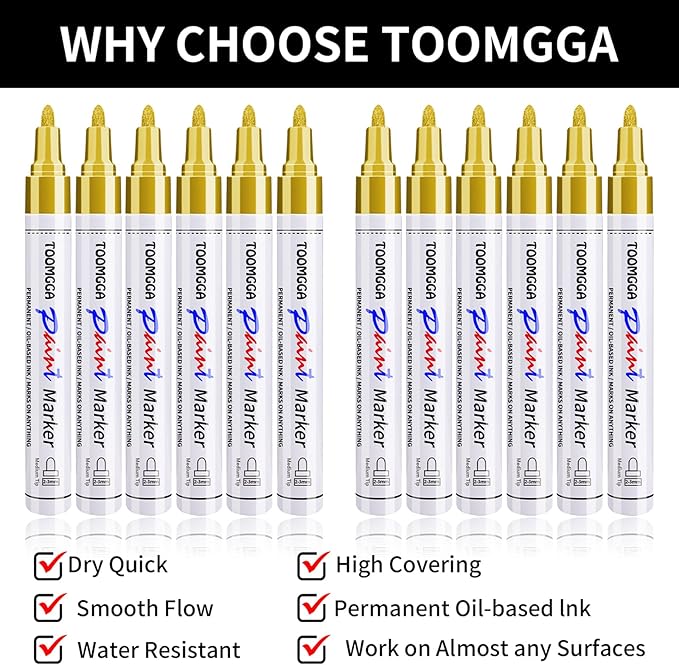 Gold Paint Pens Permanent Paint Markers 12 Pack Oil Based Markers, Quick Drying and Waterproof Marker Pen, Car Tire, Metal, Rock Painting, Wood, Ceramic, Plastic, Canvas, Mugs, Medium Tip