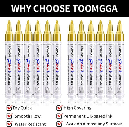 Gold Paint Pens Permanent Paint Markers 12 Pack Oil Based Markers, Quick Drying and Waterproof Marker Pen, Car Tire, Metal, Rock Painting, Wood, Ceramic, Plastic, Canvas, Mugs, Medium Tip