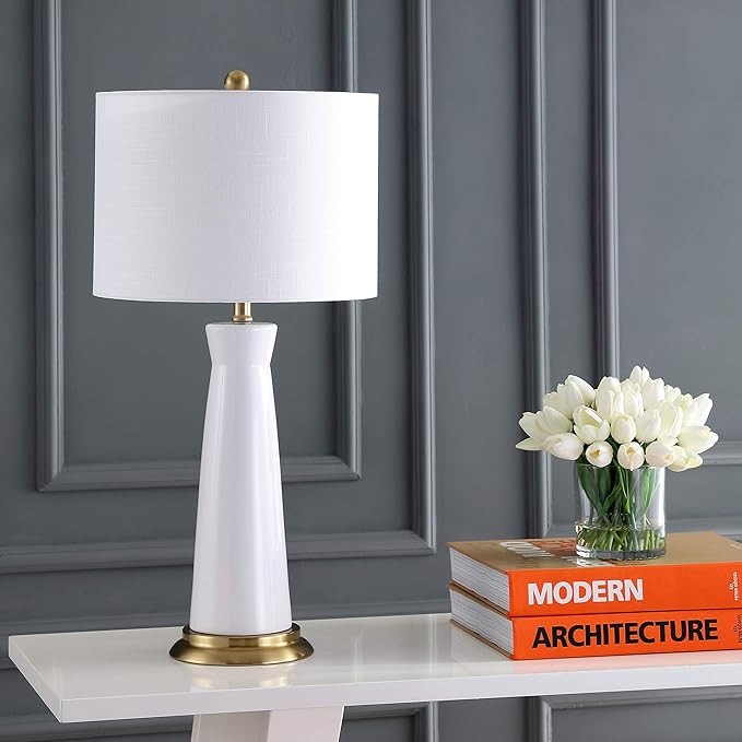 JONATHAN Y JYL3046B Hartley 29" Ceramic Column LED Table Lamp Contemporary Transitional Bedside Desk Nightstand Lamp for Bedroom Living Room Office College Bookcase, White/Brass Gold