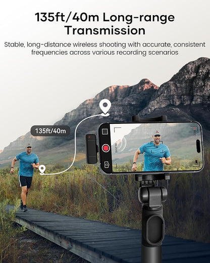 Wireless Lavalier Microphone with Charging Case, 36H Battery Life, Noise Cancellation, 135ft Range, Plug-and-Play Clip-On Mic for iPhone, iPad, Android, YouTube, Vlog, Live Streaming