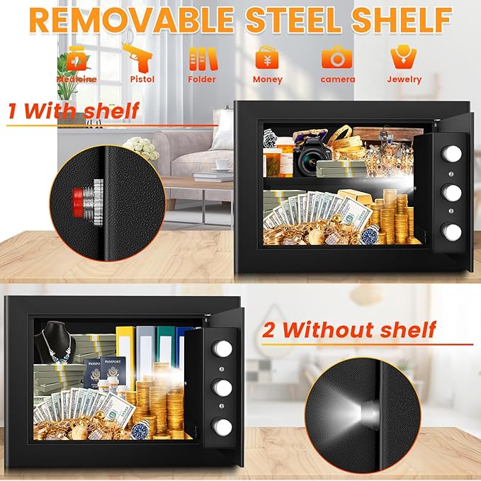 9.84" Tall Small Fireproof Safe Box, 1.2 Cu Ft Security Home Safe with Fireproof Money Bag, Digital Safes with Combination Lock and Removable Shelf for Home Personal Privacy Cash Medicine Documents