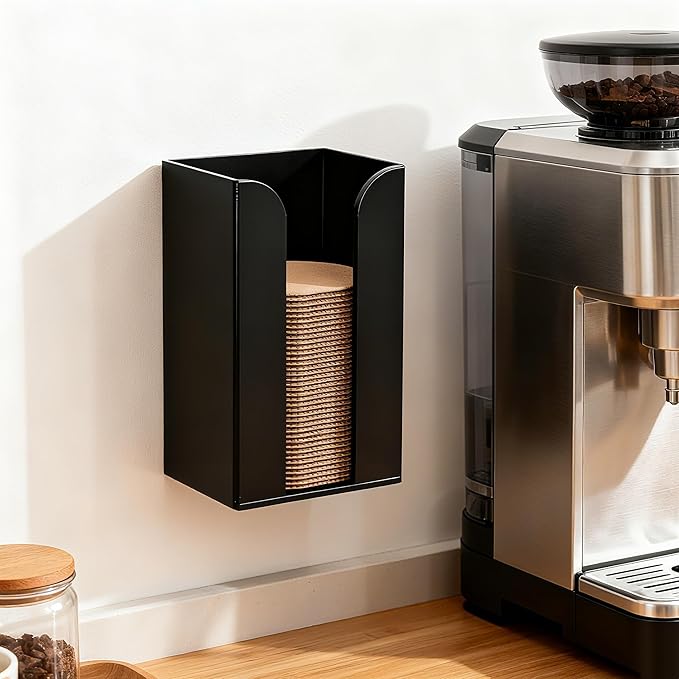 IEEK Coffee Cup Sleeve Holder,Coffee Collar Organizer for Bulk Storage,Kraft Paper Cup Sleeves Rack Black Acrylic Coffee Sleeve Dispenser,Countertop and Wall Mount Disposable Cup Sleeves Organizer