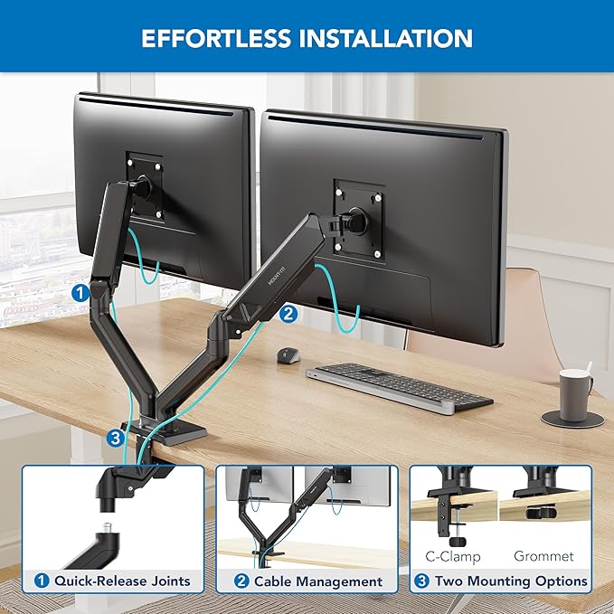 Mount-It! Full Motion Dual Monitor Mount with Spring Arms, 17" to 32", Full Motion Monitor Arm with Tilt, Rotation, Swivel, Height Adjustment, Clamp or Grommet, Fits VESA 75x75 and 100x100 - Black