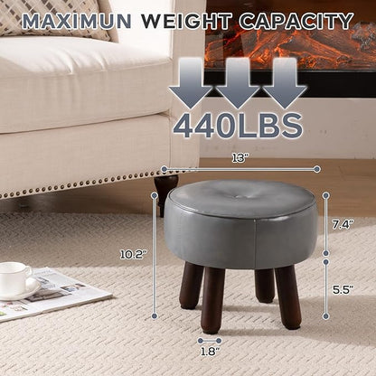 Ottoman, Small Foot Stool, Round Leather Pouf Ottoman, 13''L x 13''W x 10.2''H Foot Rest with Non-Skid Rubber Legs for Living Room Bedroom Couch Entryway, Grey