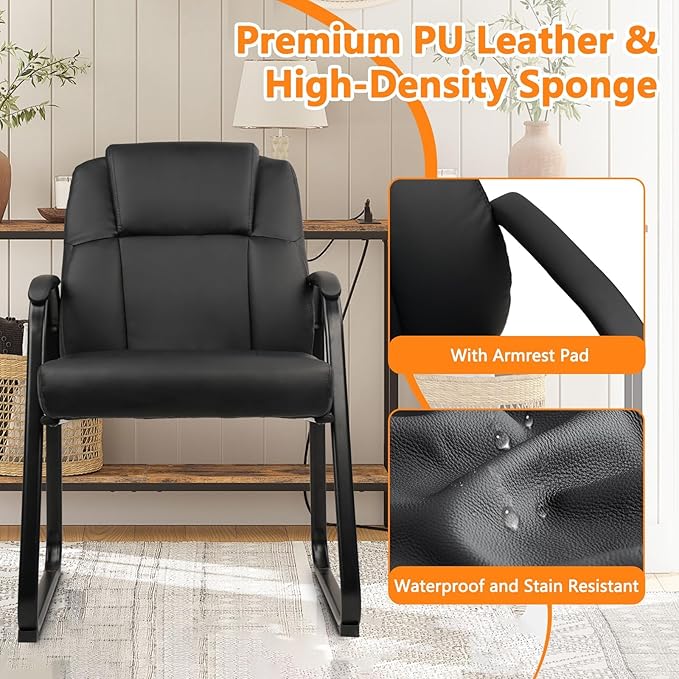 CLATINA Ergonomic Black Guest Chair with Arms - Office Reception & Conference Seating, PU Leather Meeting Chairs with Sled Base for Waiting Rooms & Home Offices