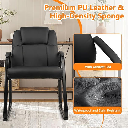 CLATINA Ergonomic Black Guest Chair with Arms - Office Reception & Conference Seating, PU Leather Meeting Chairs with Sled Base for Waiting Rooms & Home Offices