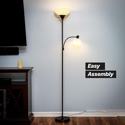 Brightech Sky Dome Plus LED Floor lamp, Torchiere Super Bright Floor Lamp with Reading Lamp for Living Rooms & Offices - Dimmable Tall Standing Lamp for Bedroom Reading - Black