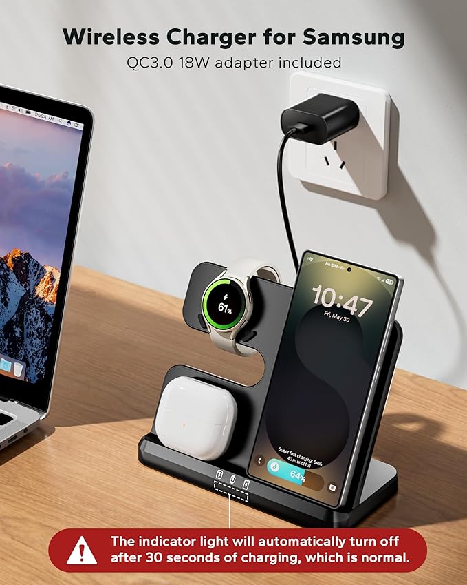 3 in 1 Charging Station for Samsung, Wireless Charger Stand for Galaxy S25 Ultra/S24/S23/Z Fold, Phone and Watch Charger for Samsung Watch Galaxy 8/7/6/5, Galaxy Buds 3/2/Pro