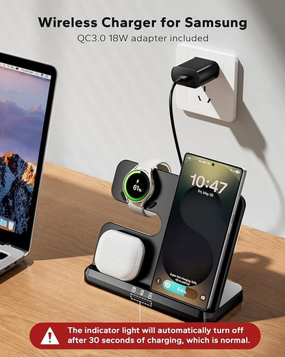 3 in 1 Charging Station for Samsung, Wireless Charger Stand for Galaxy S25 Ultra/S24/S23/Z Fold, Phone and Watch Charger for Samsung Watch Galaxy 8/7/6/5, Galaxy Buds 3/2/Pro