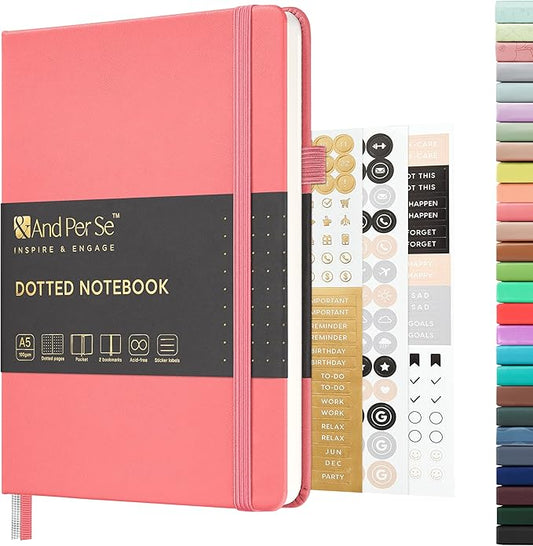 A5 Hardcover Leather Bullet Dotted Journal, 160 Pages 100GSM Thick Paper, 3 Sheets of Stickers Included - 5.7'' x 8'' (Rose pink)