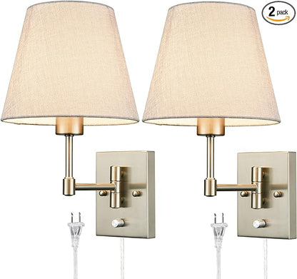 SAMTEEN Swing Arm Wall Sconces Set of Two Plug in Wall Lamp with Grey Fabric Shade and On Off Switch Wall Light for Bedside Living Room Hallway, Brushed Nickel Finish