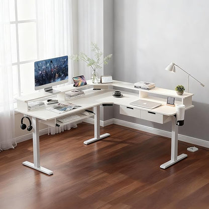 T4TREAM 60" Electric Standing Desk - L Shaped Desk with Monitor Stand, Charging Station & Remote Light, Home Office & Gaming Corner Computer Desk, Antique White