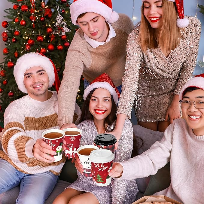 Hallswl 200 Pieces 12 oz Christmas Paper Cups with Lids, Disposable Coffee Cups for Cold Beverage Hot Drinking,Snowflake Snowman Truck Elk Plaid Pattern To Go Cup for Christmas Decorations