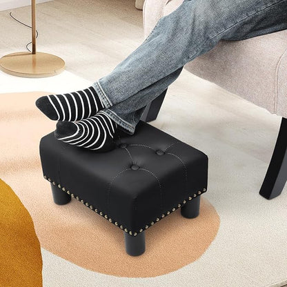 Athena Collection Small Ottoman Foot Rest with Legs, PU Leather Ottoman Foot Stool with Soft Padded seat, Square Footstool FootRest for Living Room, Bedroom, Office, Black