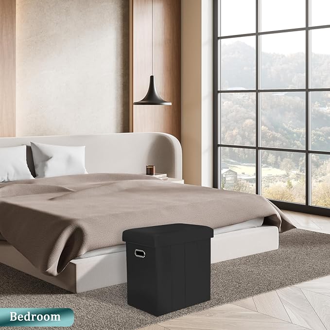 Tall Ottoman with Storage, Faux Leather Collapsible Slim Folding Ottoman Furniture with Handles Lid for Room Footrest Foot Stool, Black 16.5x16.5x11.8in