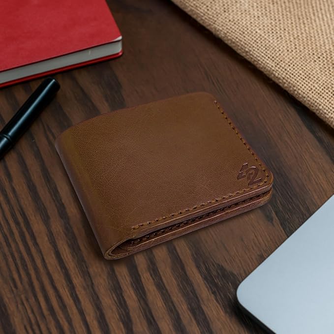 Genuine Leather Wallet for Men – Slim Bifold handmade mens wallet with ID Window & Card Slots Classic Minimalist Leather Wallet Gift (Brown)