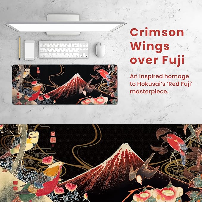BELLEMOND Japanese Art Desk Mat | Large 31.5x11.8in Desk Pad | Mouse Pad for Keyboard & Mouse | Non-Slip Base, Water-Repellent, Smooth Precision | Crimson Wings Over Fuji